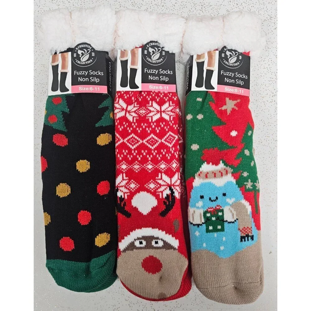 Women Thick Winter Fuzzy Socks Non-Slip Grip, Cozy Christmas Designs 3-Pack 6-11